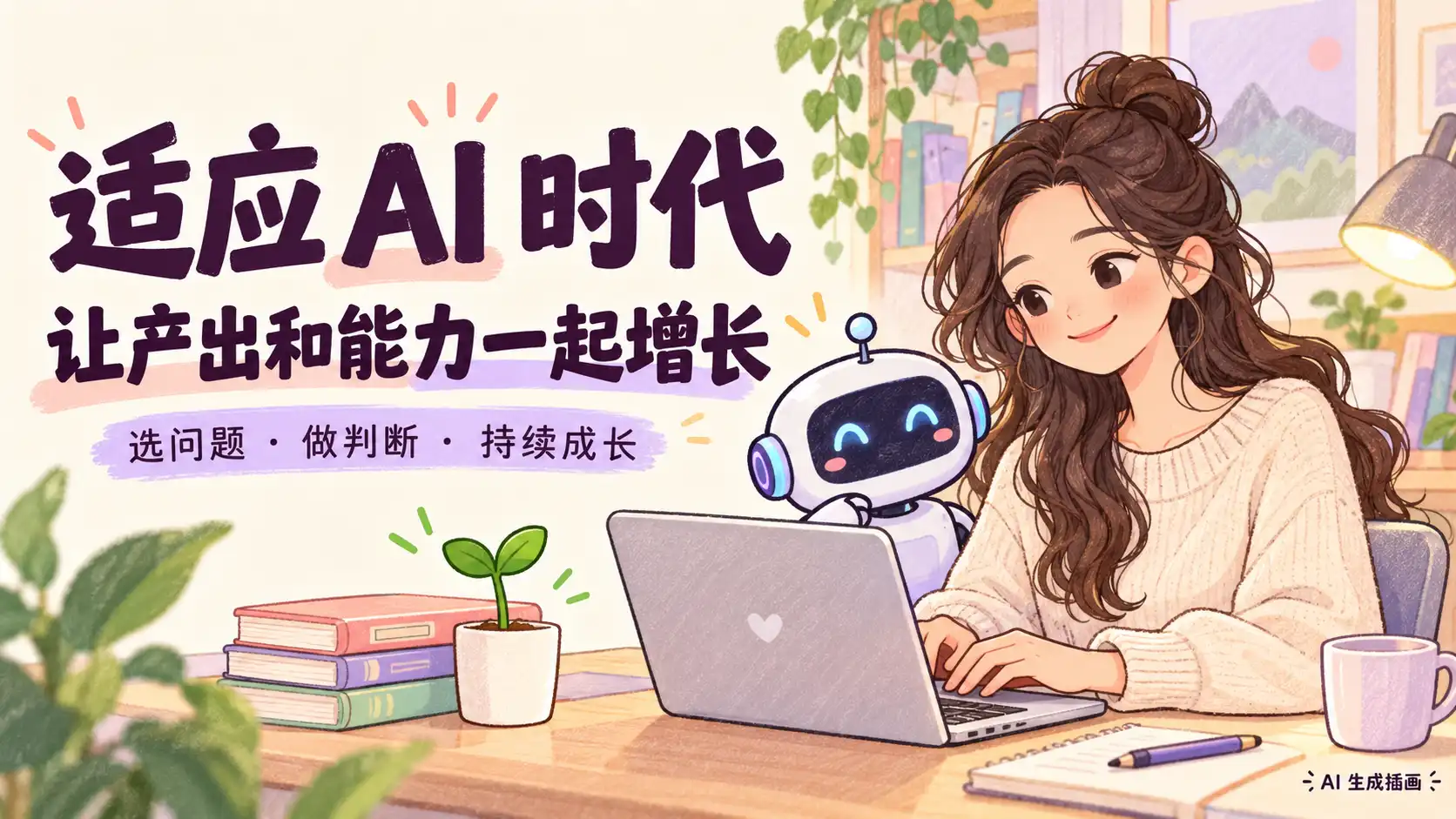 可爱风封面:女生与 AI 小机器人一起工作和成长