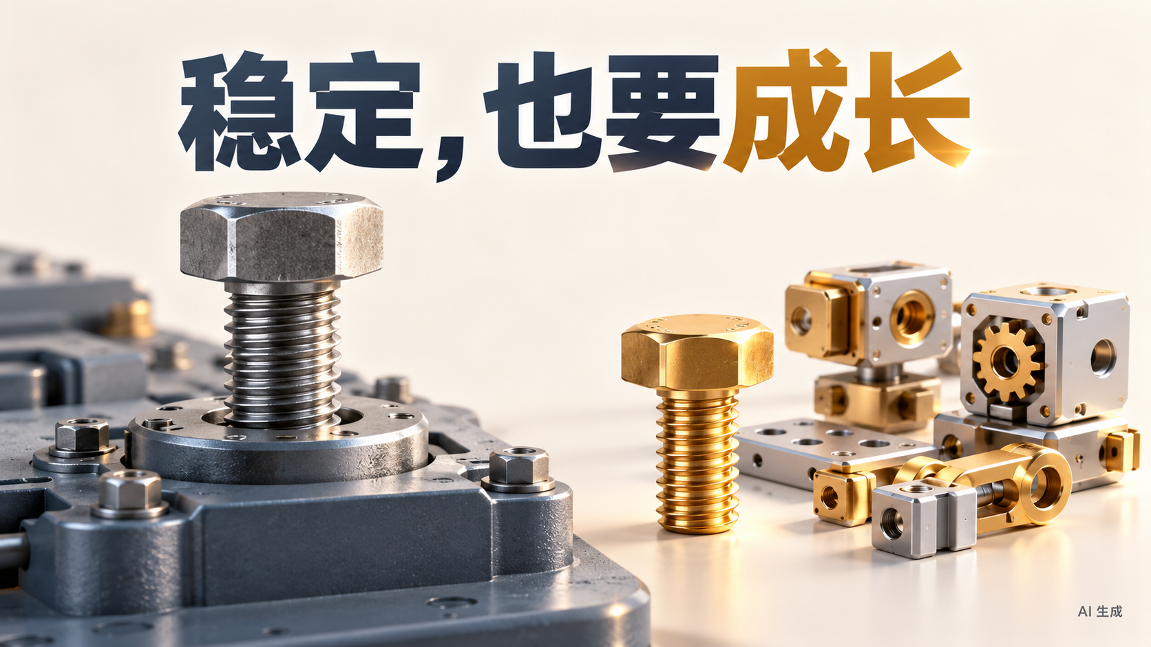 稳定，也要成长：固定的银色螺丝与可灵活组合的金色模块，AI 生成 3D 概念插画
